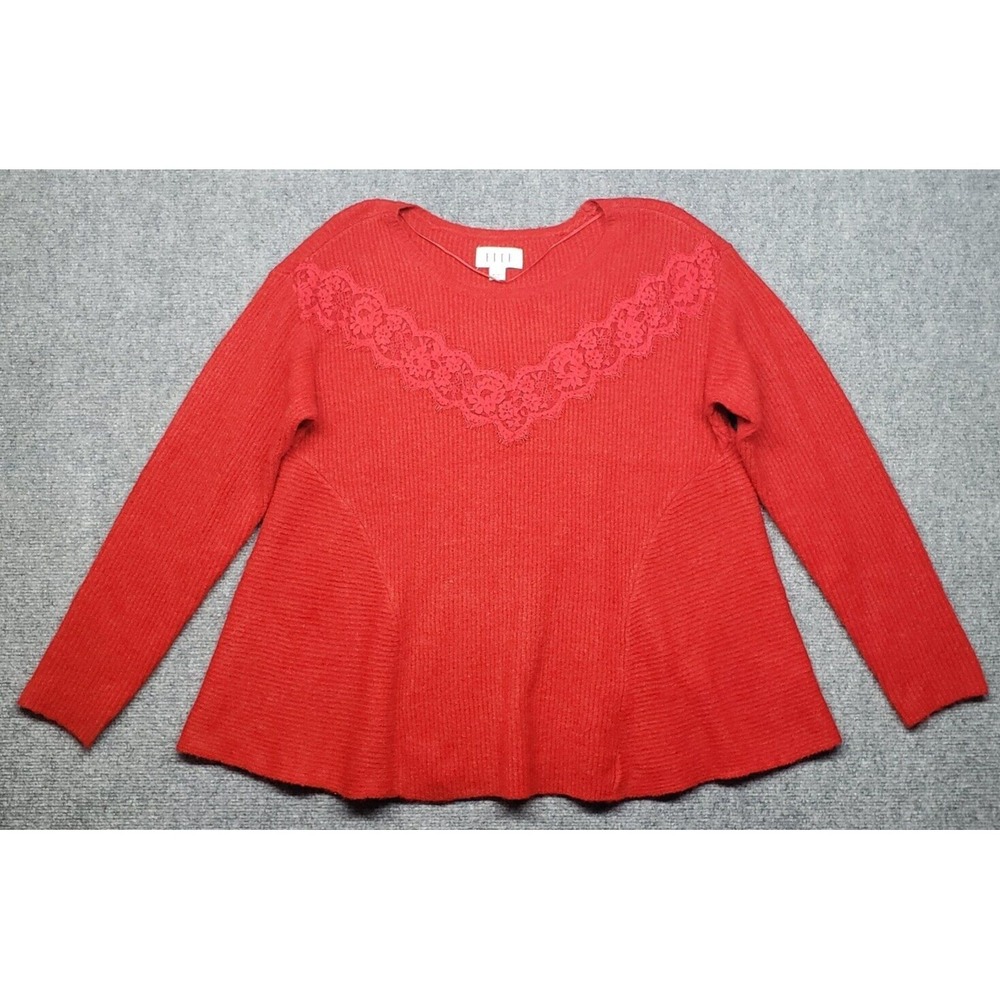Elle Sweater Womens L Red Floral Round Neck Long Sleeve Pullover Tight Knit